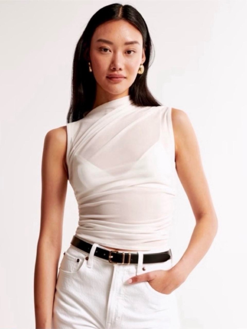 Abercrombie & Fitch White Sleeveless Draped Mesh Top - Women